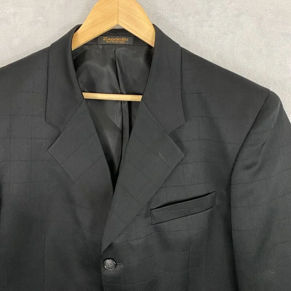 Zandello Blazer Men's Size 42L Black Plaid Suit Jacket‎ Sport Coat Ventless